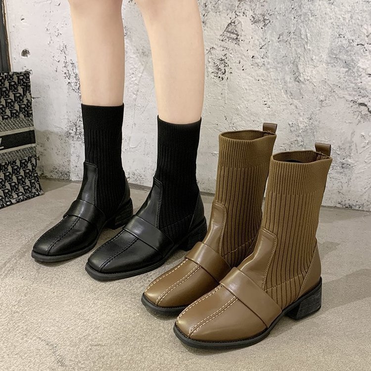 Giày bốt martin mũi vuông đế dày phần ống co giãn thời trang thu đông cho nữ