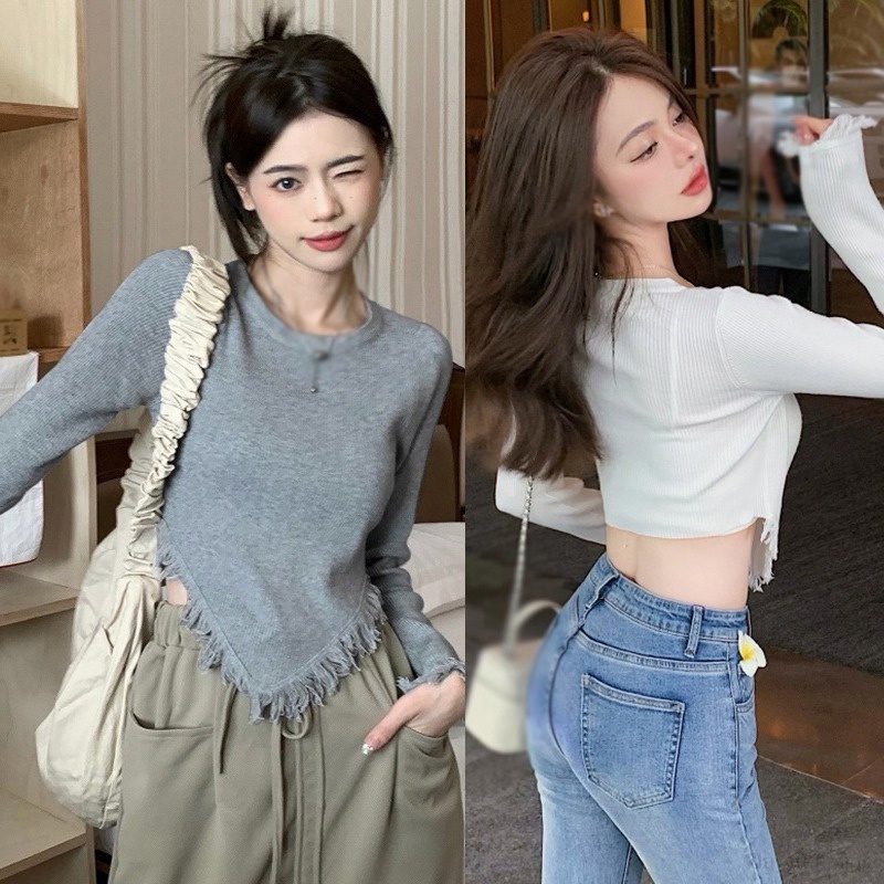 Áo Sweater Dệt Kim Tay Dài Cổ Tròn Phối Tua Rua Màu Sắc Đơn Giản Cho Nữ