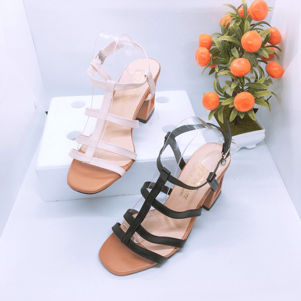 Giày Cao Gót Vuông 7p khoét Kiểu Màu Nâu Nhiều Dây Ngang PN