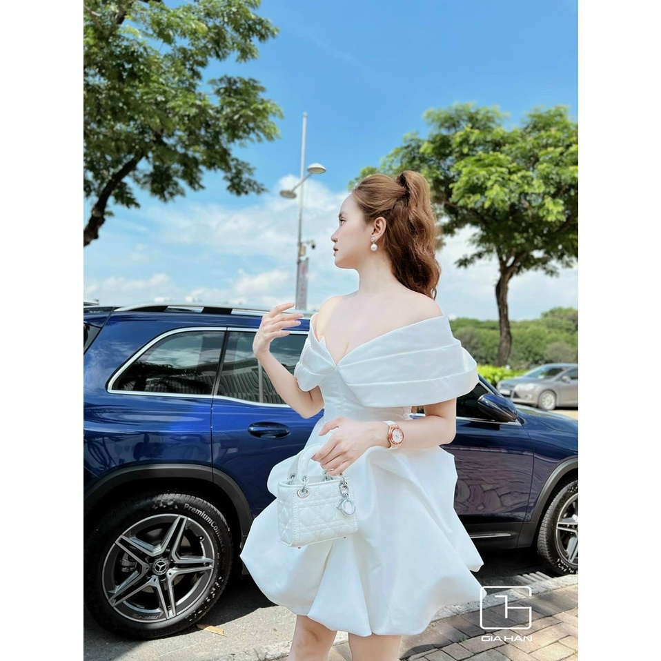 Đầm Dự Tiệc, Váy Thiết Kế Tafta Trễ Vai Dáng Xòe bồng bềnh 2 màu đen, trắng cực hot nhà Kemi