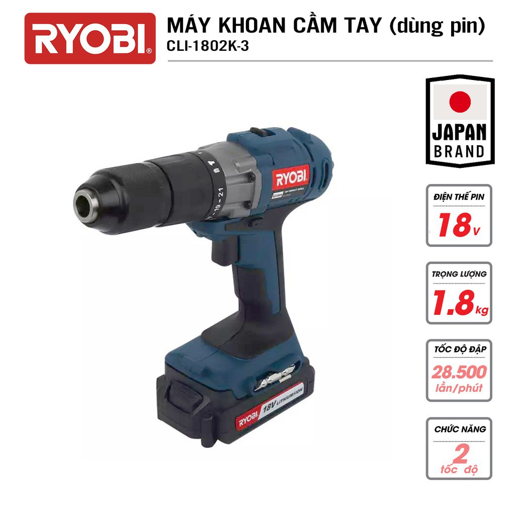 Máy khoan pin 18V Ryobi CLI-1802K hàng chính hãng