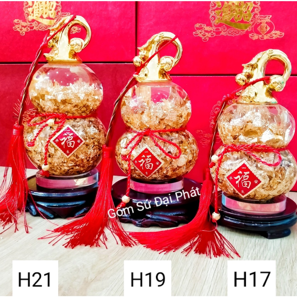 Hồ Lô Vàng Phong Thủy Hút Tài Lộc, Vật Phẩm Ban Thần Tài, Bình Vàng Lá Chất Liệu Thủy Tinh Cao Cấp Mạ Vàng