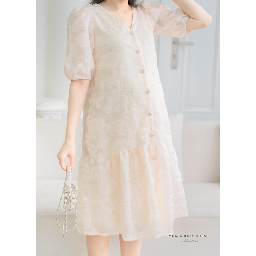 EVERMOM | Đầm bầu thiết kế đuôi cá tay phồng tiểu thư gài cúc - Lily Dress