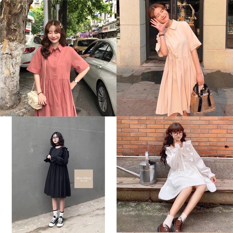 VÁY BABYDOLL CỔ BẺ SƠ MI 2 MÀU HỒNG TRẮNG ULZZANG