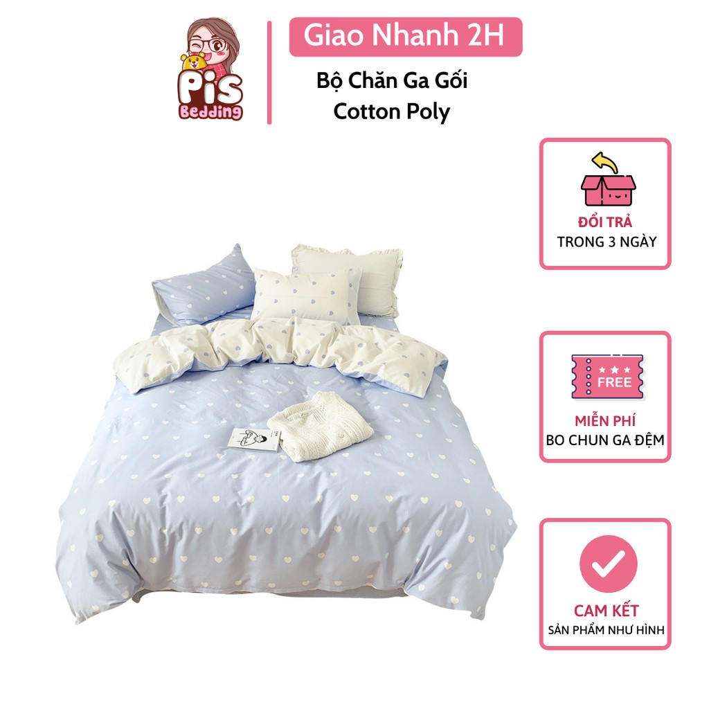 Bộ Chăn Ga Gối Cotton Poly Tim Trắng Phối Xanh