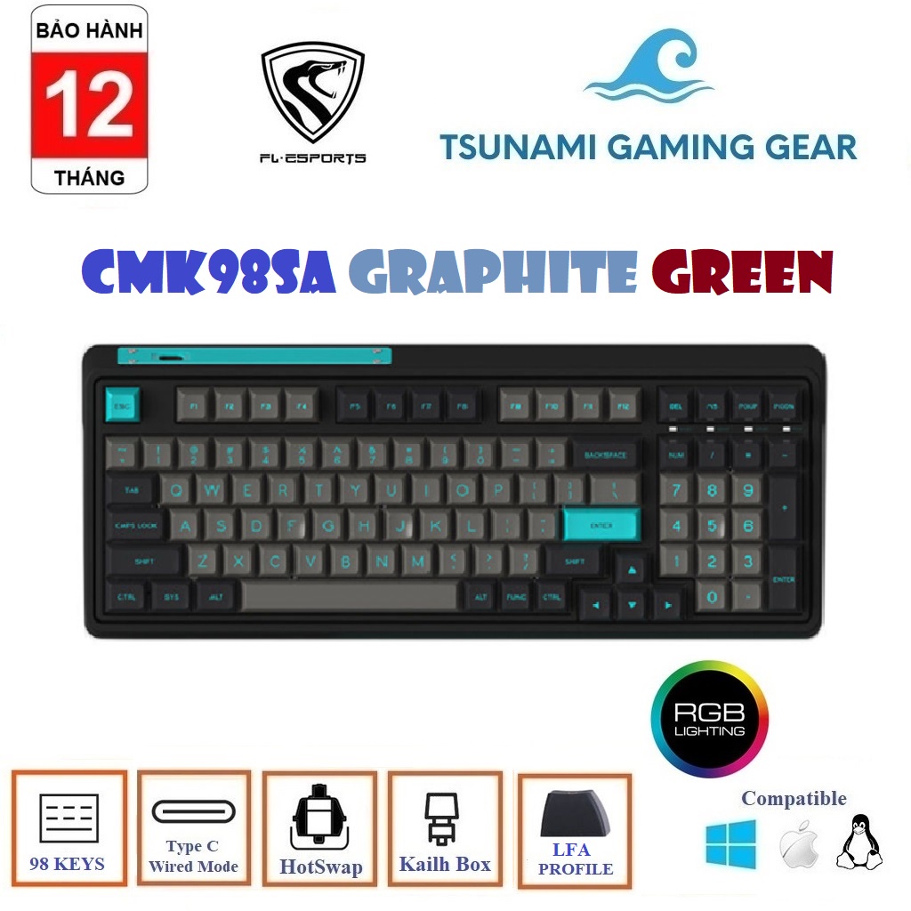 Phím cơ FL-Esports CMK98SA Graphite Green / 98 KEYS/ RGB/ Hotswap/ USB Type C chính hãng