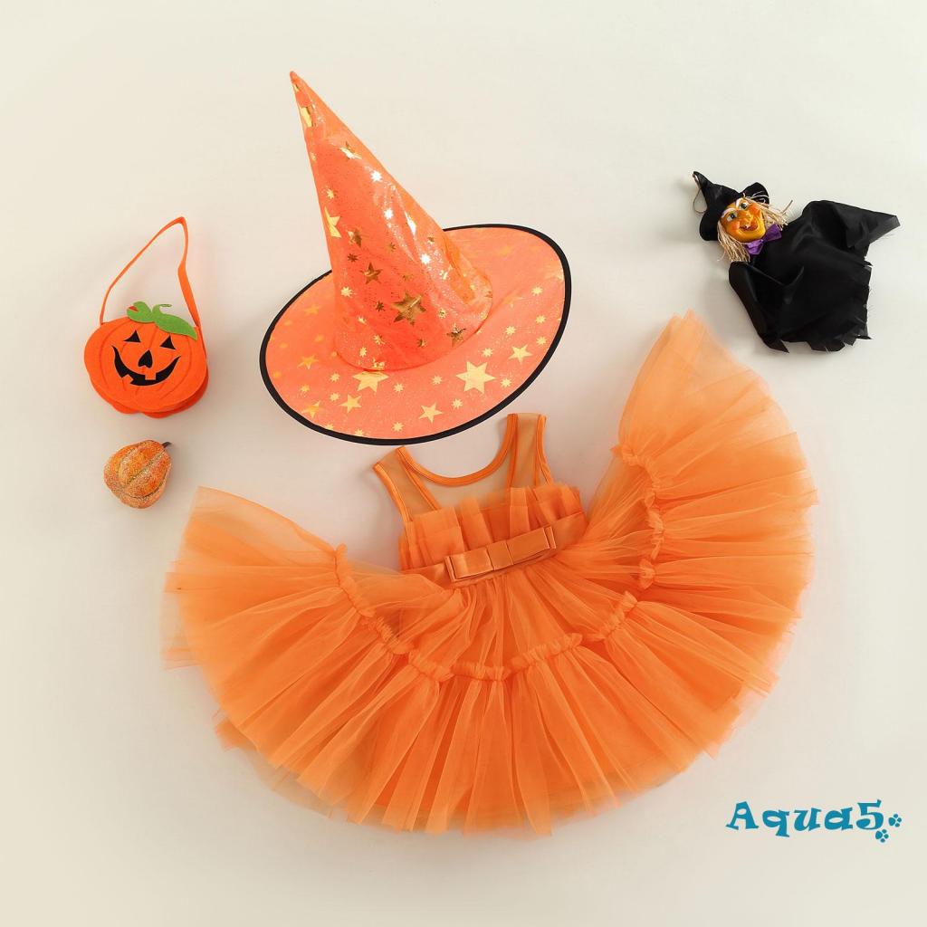 Aqq-đầm Xếp Tầng Không Tay Màu Trơn Kèm Mũ Phù Thủy Hóa Trang Halloween Cho Bé Gái
