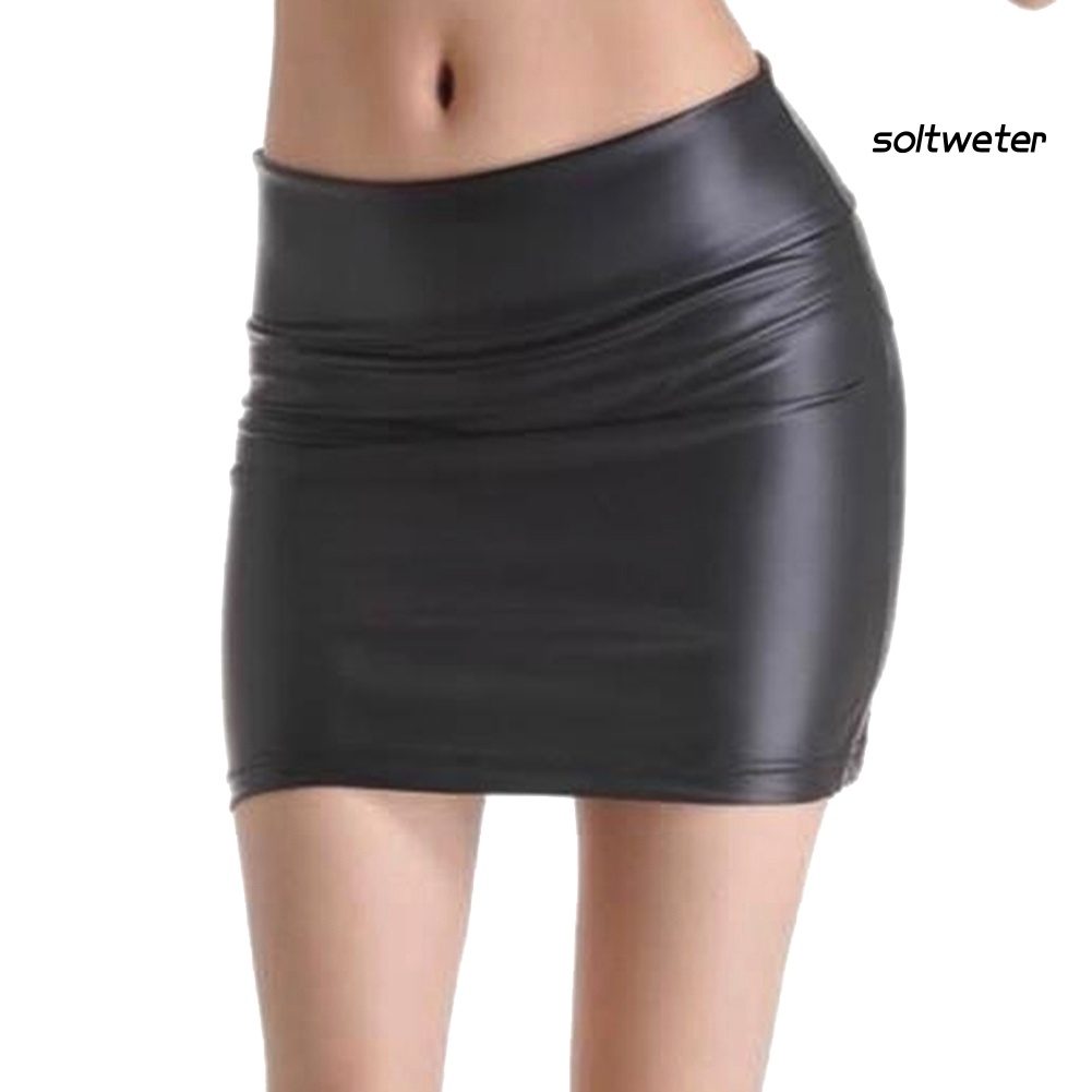 Chân Váy Bút Chì Mini Lưng Cao Bằng Da Giả Xẻ Tà Thời Trang Cho Nữ