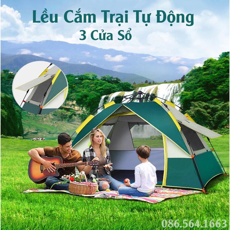 Lều Cắm Trại Tự Động Chống Thấm Nước 3 Cửa Sổ Có Màn Che Chống Muỗi - Lều Dã Ngoại Du Lịch Cho 4 - 6 Người