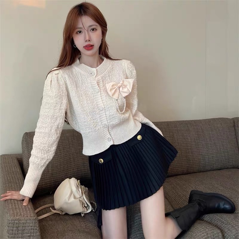 Áo cardigan len đính nơ ngọc siêu xinh