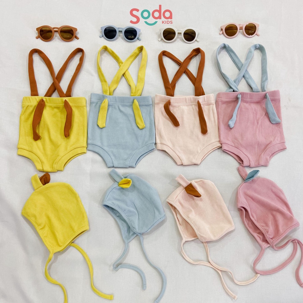 Bộ quần yếm đùi em bé tặng kèm mũ lá cute size 5 đến 13kg