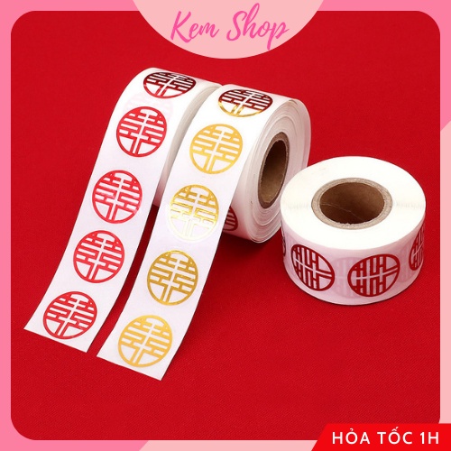 Cuộn 500 decal chữ hỷ dán trái cây, trầu cau, bánh kẹo trang trí ăn hỏi dạm ngõ đám cưới - Kem Shop K320