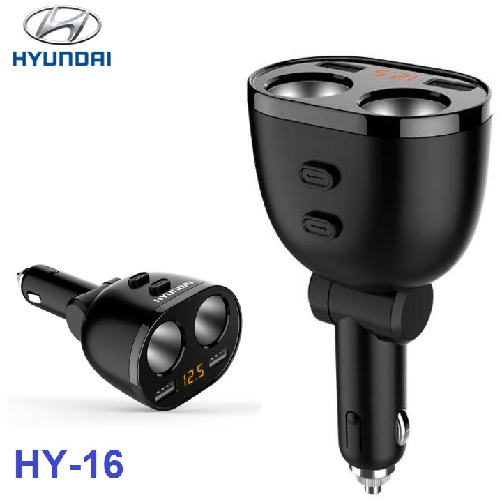 Bộ chia tẩu sạc Hyundai HY-16 tích hợp 2 tẩu và 2 cổng sạc USB, 120W, 3.1A, Hyundai car charger HY-16