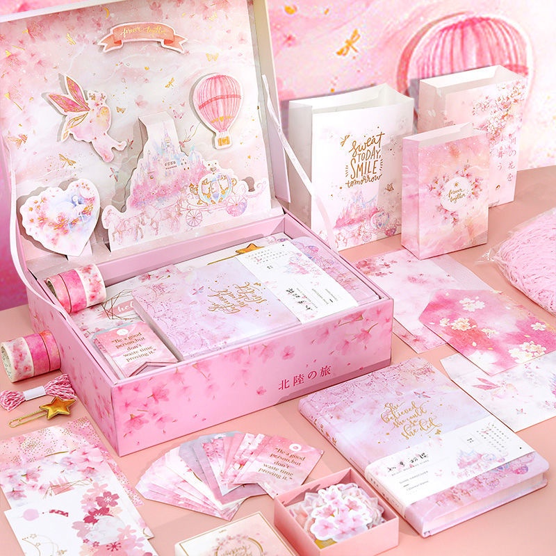 Một bộ Sổ tay + Hình dán + Băng keo + Bưu thiếp + Hộp quà-Cô gái Học sinh