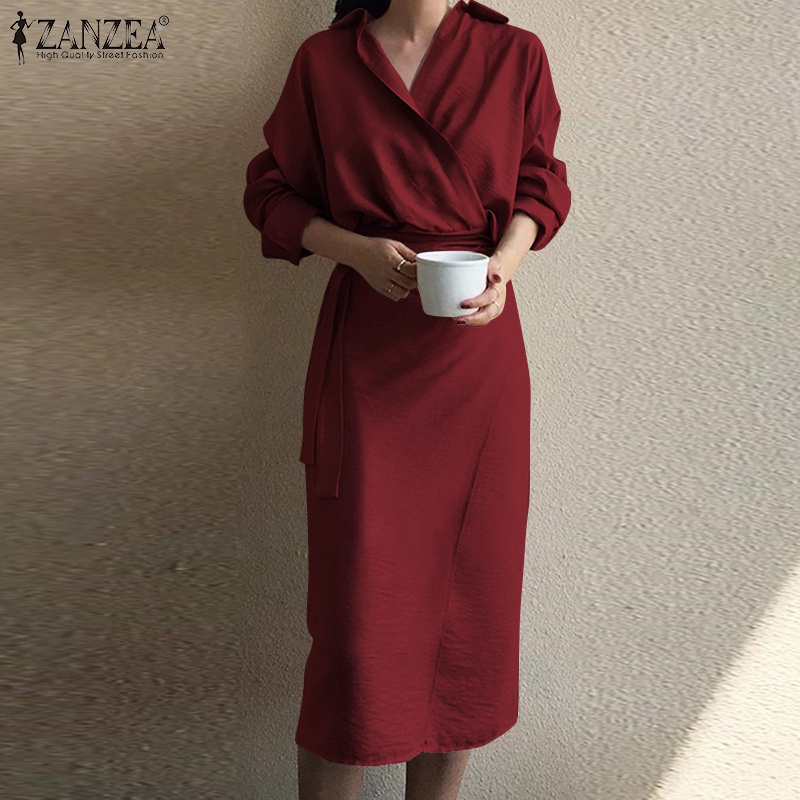 Đầm midi  ZANZEA tay dài cổ bẻ cột dây thời trang cho nữ