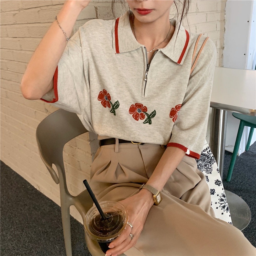 Áo Sweater Dệt Kim Cổ Polo Tay Ngắn Dáng Rộng Phong Cách Retro Hàn Quốc Thời Trang | BigBuy360 - bigbuy360.vn