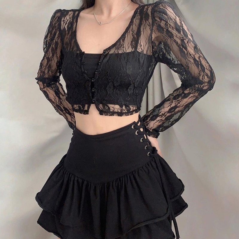 Áo croptop tay dài cổ chữ V phối ren hoa gợi cảm cho nữ