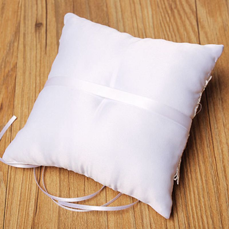 Gối Giá Đỡ Nhẫn Cưới Hình Nơ Bằng Satin Màu Trắng Đính Đá Trái Tim