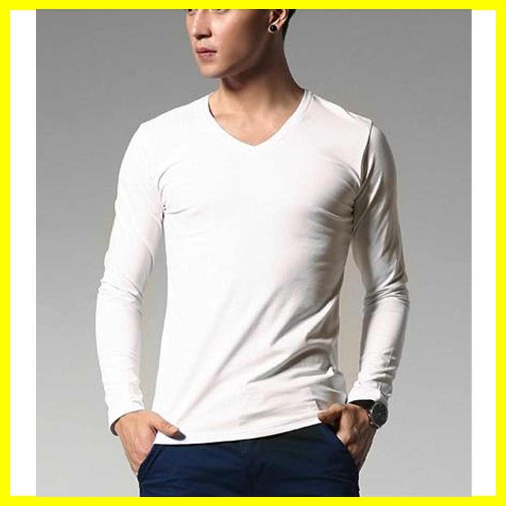 Áo thun nam dài tay cổ tim màu trắng chất cotton form dáng thích hợp nhiều lứa tuổi | BigBuy360 - bigbuy360.vn