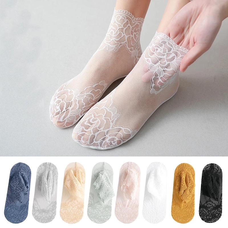 Tất thuyền tàng hình vải lụa băng siêu mỏng mềm mại chống trượt thoáng khí phối ren hoa phong cách nhật bản dành cho nữ