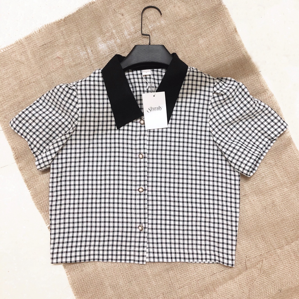 Áo Sơ Mi Kẻ Sọc Caro Phối Cổ Đen Croptop SHMILY