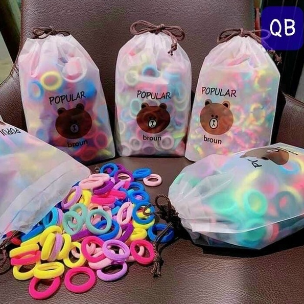 PVN37855 SÉT 100 DÂY CHUN BUỘC TÓC NHIỀU MÀU TÚI GẤU T2