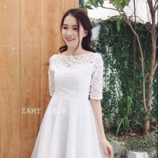 Váy trắng tiểu thư trễ vai
