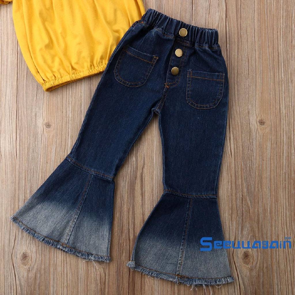 Set áo trễ vai + quần denim ống loe thời trang cho bé gái