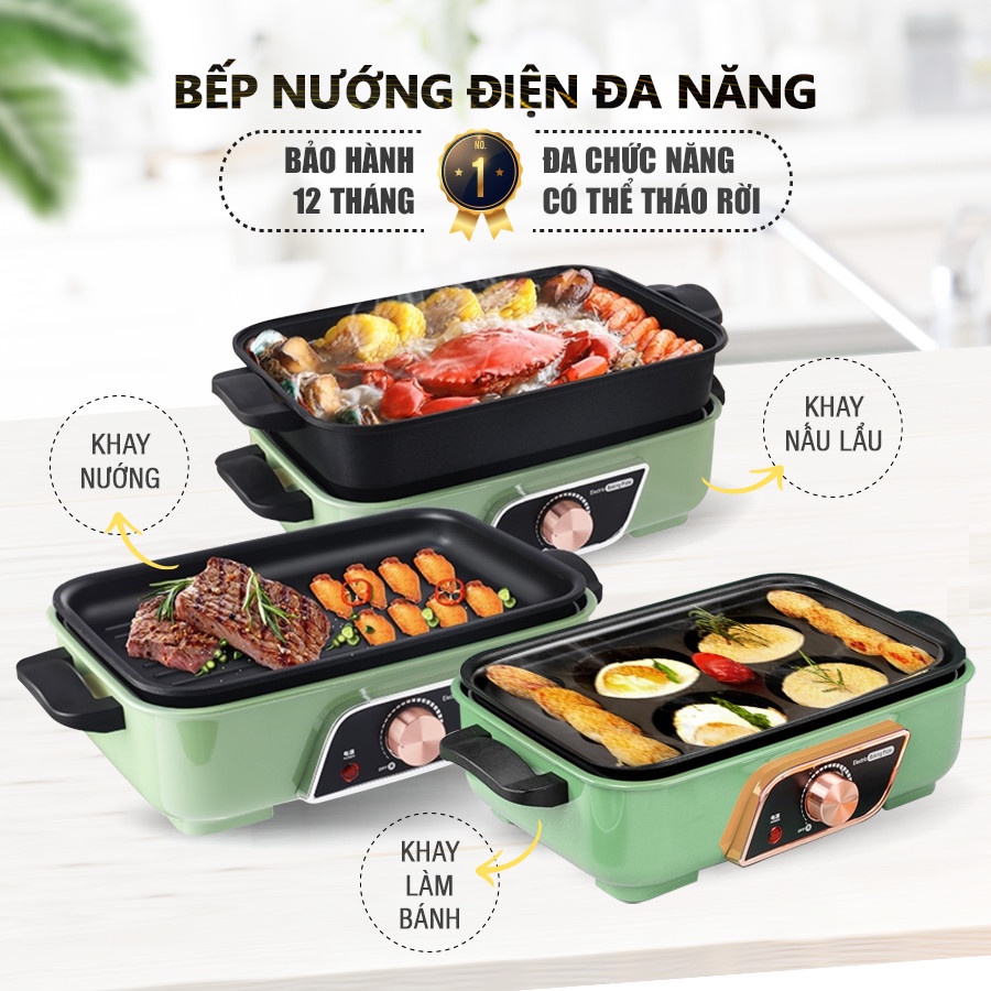 Bếp lẩu điện đa năng 3 khay tháo rời 3 in 1 vừa lẩu vừa nướng, làm bánh, có sẵn khuôn, an toàn tiện lợi