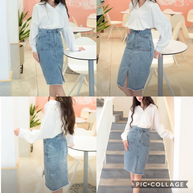 Chân váy jean xẻ dài