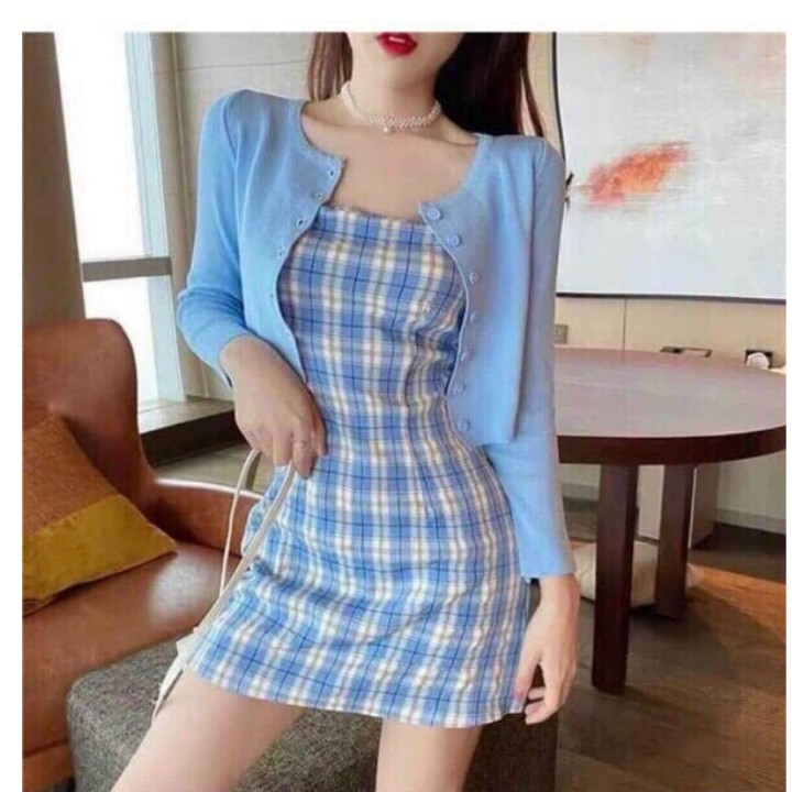 Váy hai dây caro vải dày dặn form suông