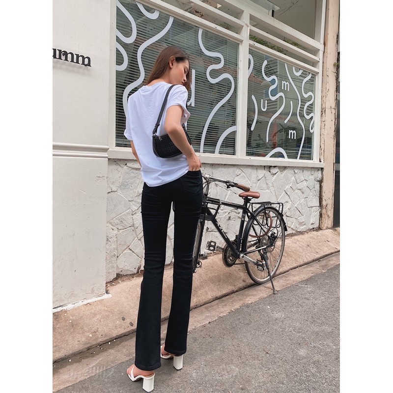 Quần jean nữ lưng cao ống loe, Super High Waisted Flare Jean, LUCETFASHION, quần bò nữ