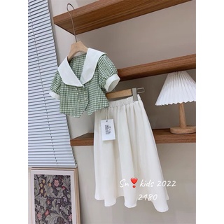 Set áo kẻ 6 cúc cv trắng bé gái (10-30kg)