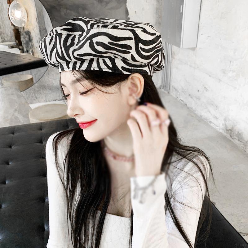 Mũ beret họa tiết sọc ngựa vằn thời trang Hàn Quốc cho nữ