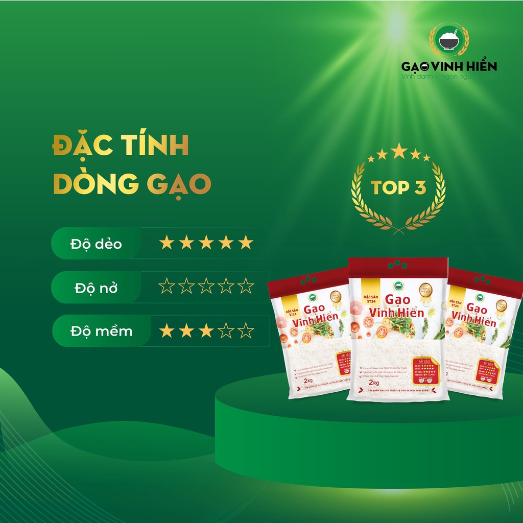 Gạo ST24 Vinh Hiển 2kg - Dẻo thơm nhiều, mềm, ngon cơm.