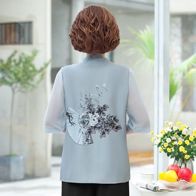 Áo trung niên nữ thời trang phối tay voan thanh lịch, hoạ tiết trẻ trung, sang chảnh NV0159