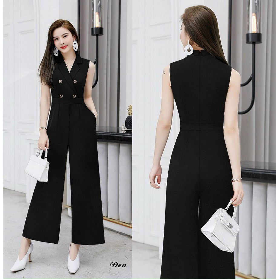 Jumsuit Nữ 💝FREESHIP💝 Jum dài ống suông cổ vest phối 4 nút dây kéo lưng xinh xắn J1114