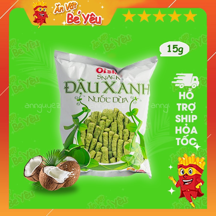 Bim bim Oishi snack đậu xanh nước dừa, snack que tuổi thơ gói to 15g