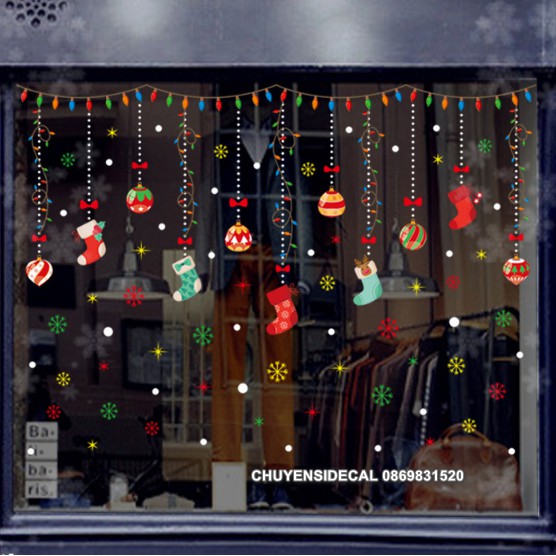 Decal Trang Trí Noel Hai Mặt Hít Tĩnh Điện Không Dơ Kính- Dây Đèn sắc màu phối Vớ Phụ Kiện