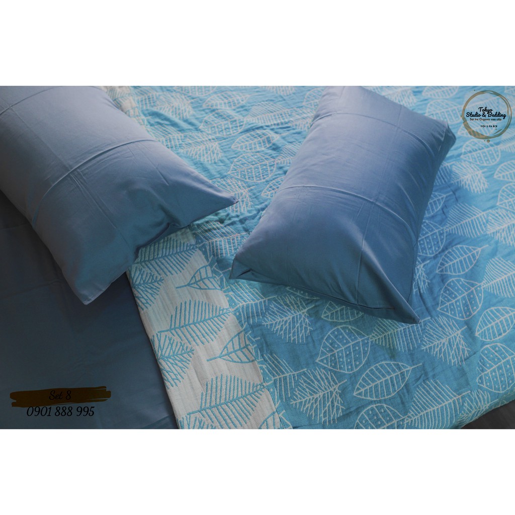 Set 08_Chăn Xô Cotton Sợi tre Organic dòng Basic &amp; Ga gối Lụa