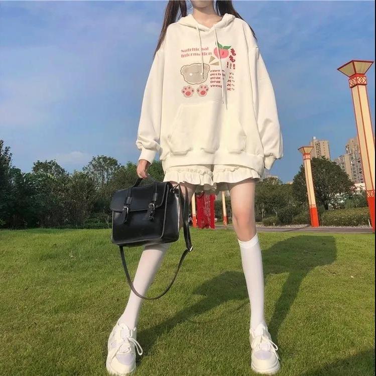 Áo Hoodie Dáng Rộng Đính Tai Thỏ Dễ Thương Cho Nữ