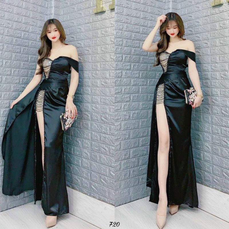 ĐẦM MAXI DẠ HỘI ĐÍNH ĐÁ RỚT VAI 45KG -62KG