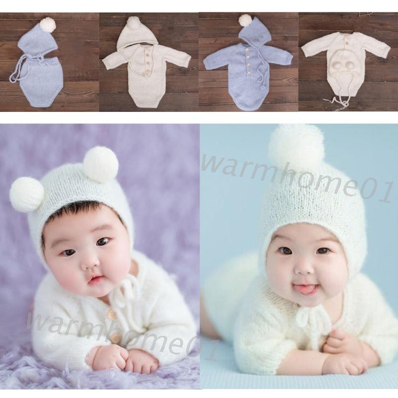 WM Crochet Mohair Baby Clothes Newborn Photography Props Girls Boys Hats Romper Set