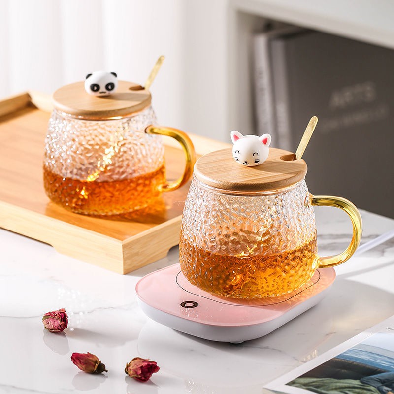 cốc thủy tinh chịu nhiệt tự động coaster làm nóng hoa Teacup Sữa Thông Minh Quà Tặng Tết