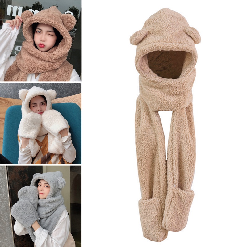 Mũ Lông Dày Dặn Kèm Găng Tay Tai Gấu Thời Trang Mùa Đông Cho Nữ