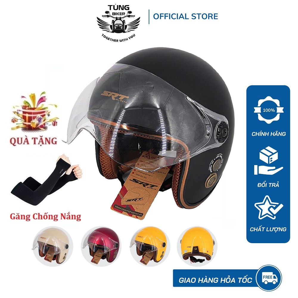 Mũ Bảo Hiểm 3/4 Kính Càng SRT Viền Đồng - Có Thông Gió Cực Chất (Tặng Găng Tay Chống Nắng)