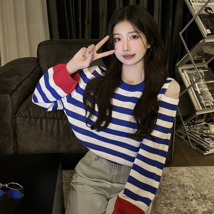 Áo kiểu ZHELIHANGFEI dệt kim tay dài thiết kế hở vai họa tiết kẻ sọc trẻ trung thời trang