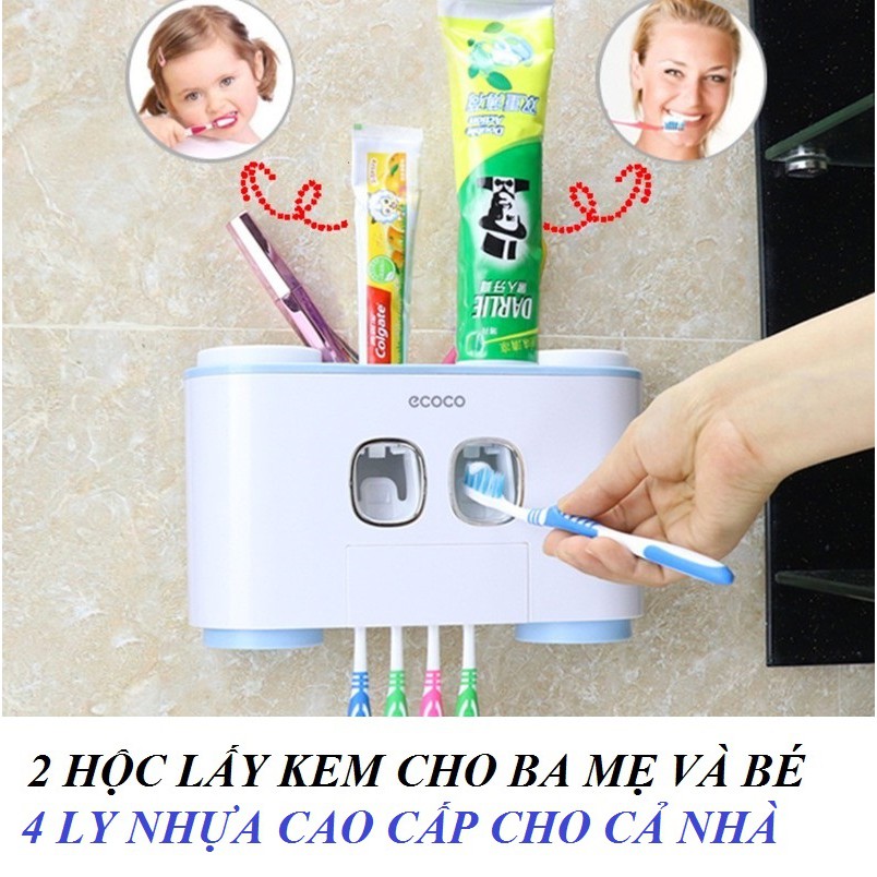 Dụng cụ lấy kem đánh răng ECOCO dán tường - hộp nhả kem kèm 4 ly nhựa và khay treo bàn chải