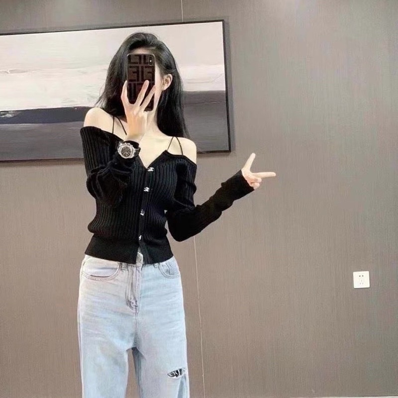 áo len dệt kim tay dài kiểu trễ vai mix 2 dây chéo nhỏ (0622#) 0622 dài tay