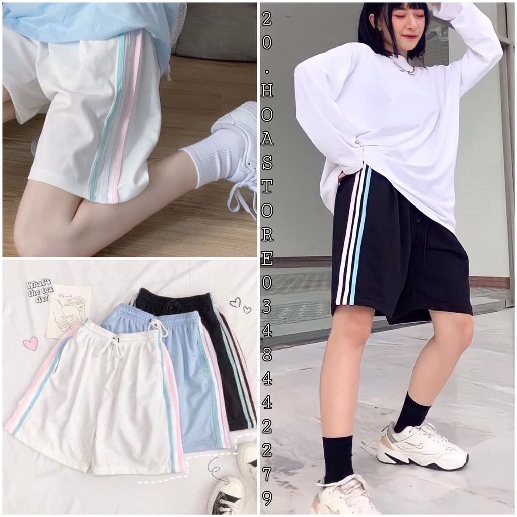 Quần Short Đùi 3 Sọc RAINBOW SuzaHouse Unisex 🌸 Shorts ống rộng cạp chun trơn màu ĐEN | TRẮNG | XANH Ulzzang